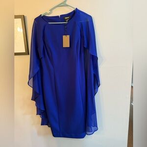 DKNY Royal Blue Asymmetrical Dress with Sheer Overlay